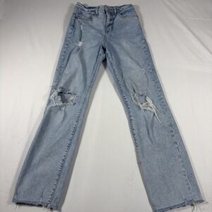 Express Modern Straight Jeans Women's 2R Blue Denim Distressed Super High Rise